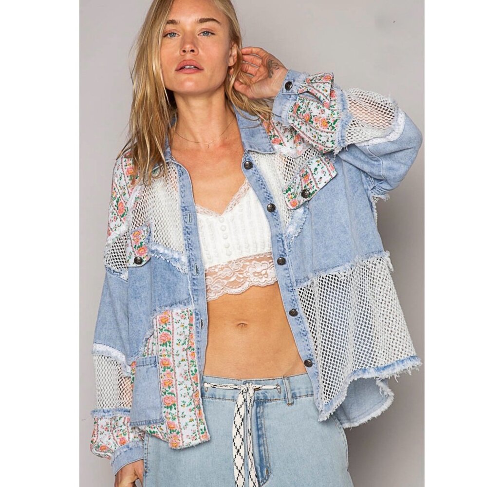 POL Patchwork Denim Jacket Shacket SZ L Blue Flor… - image 2